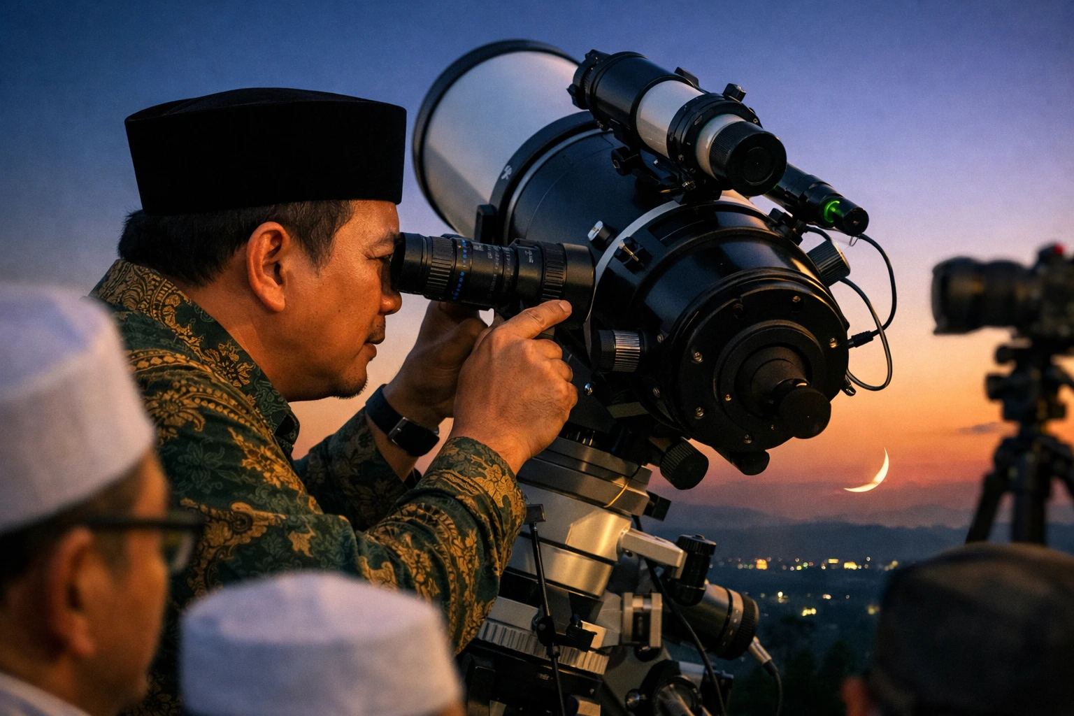 Seorang petugas rukyatul hilal dari Kementerian Agama RI mengamati hilal penentuan awal Zulhijah 1447 H menggunakan teleskop di salah satu titik pengamatan di Indonesia, Minggu (1752026). Pengamatan ini menjadi bagian penting dalam proses penetapan Idul Adha 2026