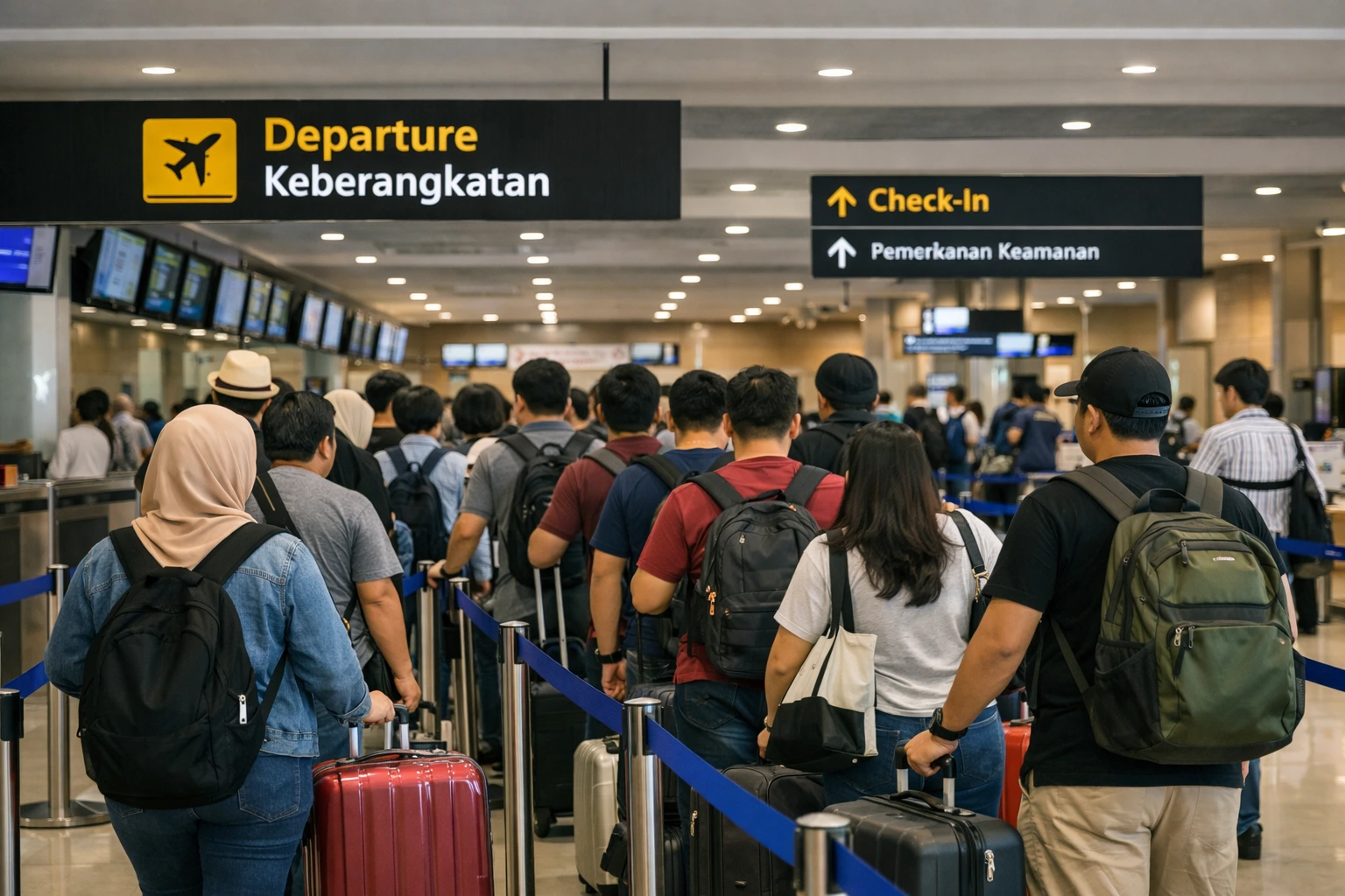 Penumpang antre di terminal keberangkatan bandara domestik jelang libur panjang Idul Adha. Pemerintah melalui Menko Infrastruktur dan Pembangunan Kewilayahan Agus Harimurti Yudhoyono (AHY) menegaskan tengah menyiapkan langkah terukur untuk meredam dampak kenaikan harga tiket pesawat bagi masyarakat. Foto: SulutPlus.News/dokume