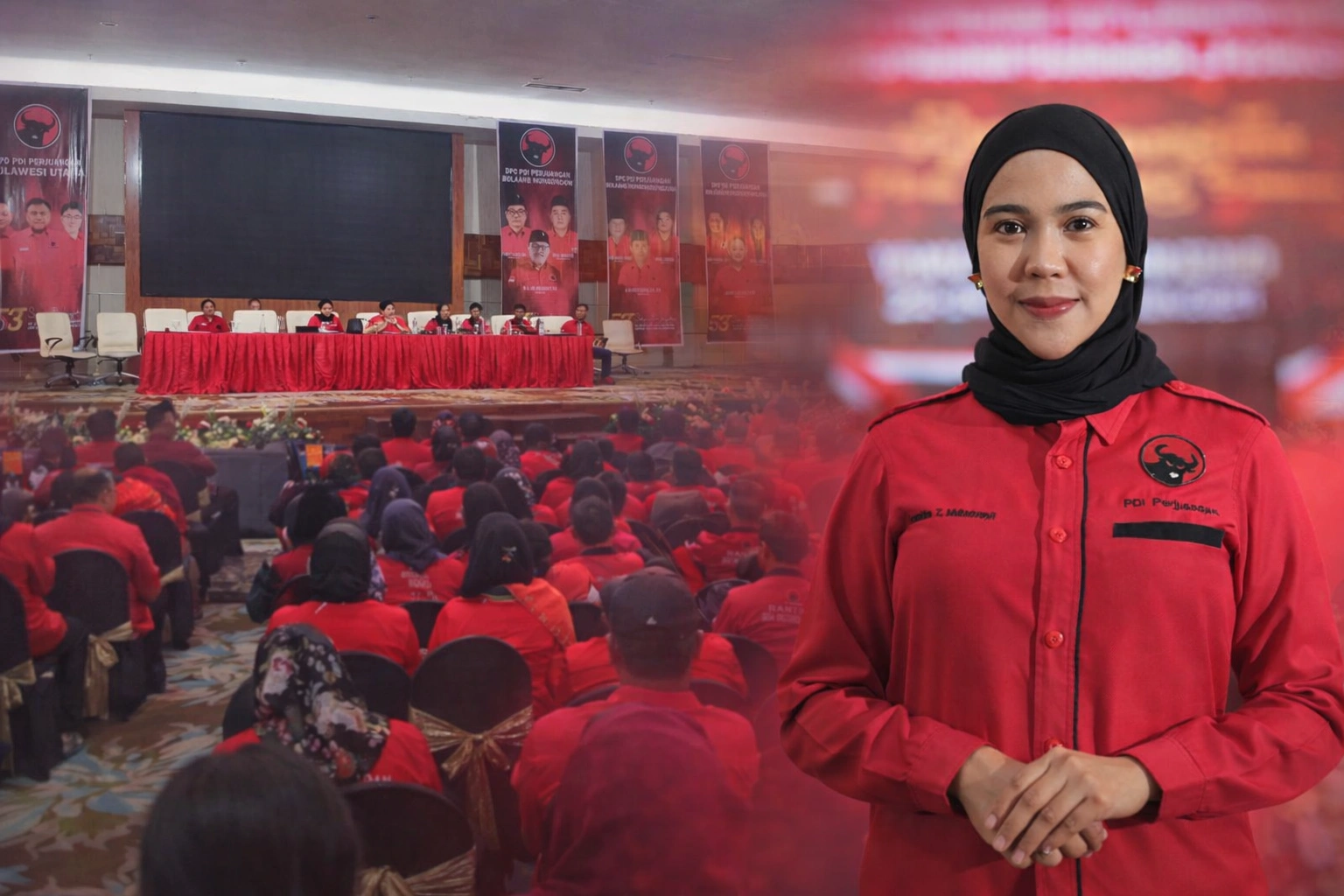 Wakil Ketua DPD PDI Perjuangan Sulawesi Utara yang juga Anggota DPRD Sulut, Feramitha Tiffani Mokodompit, S.M., MBA (Nanu), saat memimpin jalannya Sidang Musancab PDI Perjuangan se-Bolaang Mongondow Raya (BMR) di Ballroom Hotel Sutan Raja, Senin (1805). (Foto Istimewa)