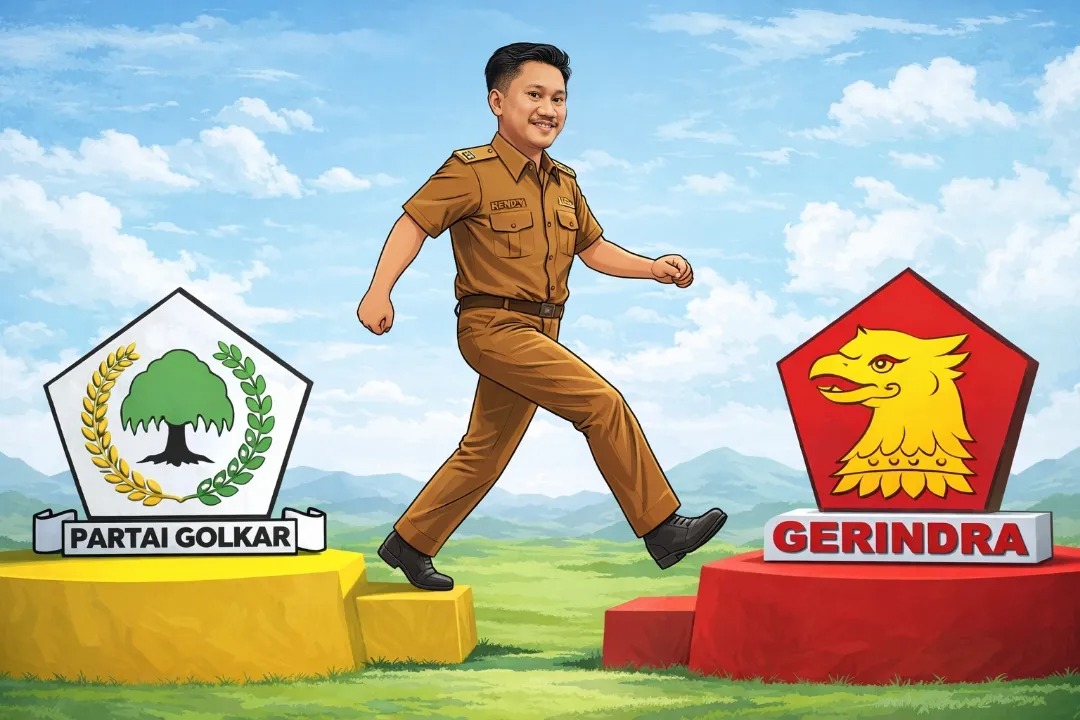 Wakil Wali Kota Kotamobagu, Rendy V Mangkat, resmi bergabung dengan Partai Gerindra. Ilustrasi menunjukkan langkah politik Rendy meninggalkan Golkar menuju Gerindra, ditandai dalam Rakerda Gerindra Sulut di Manado, Sabtu (23/5/2026).