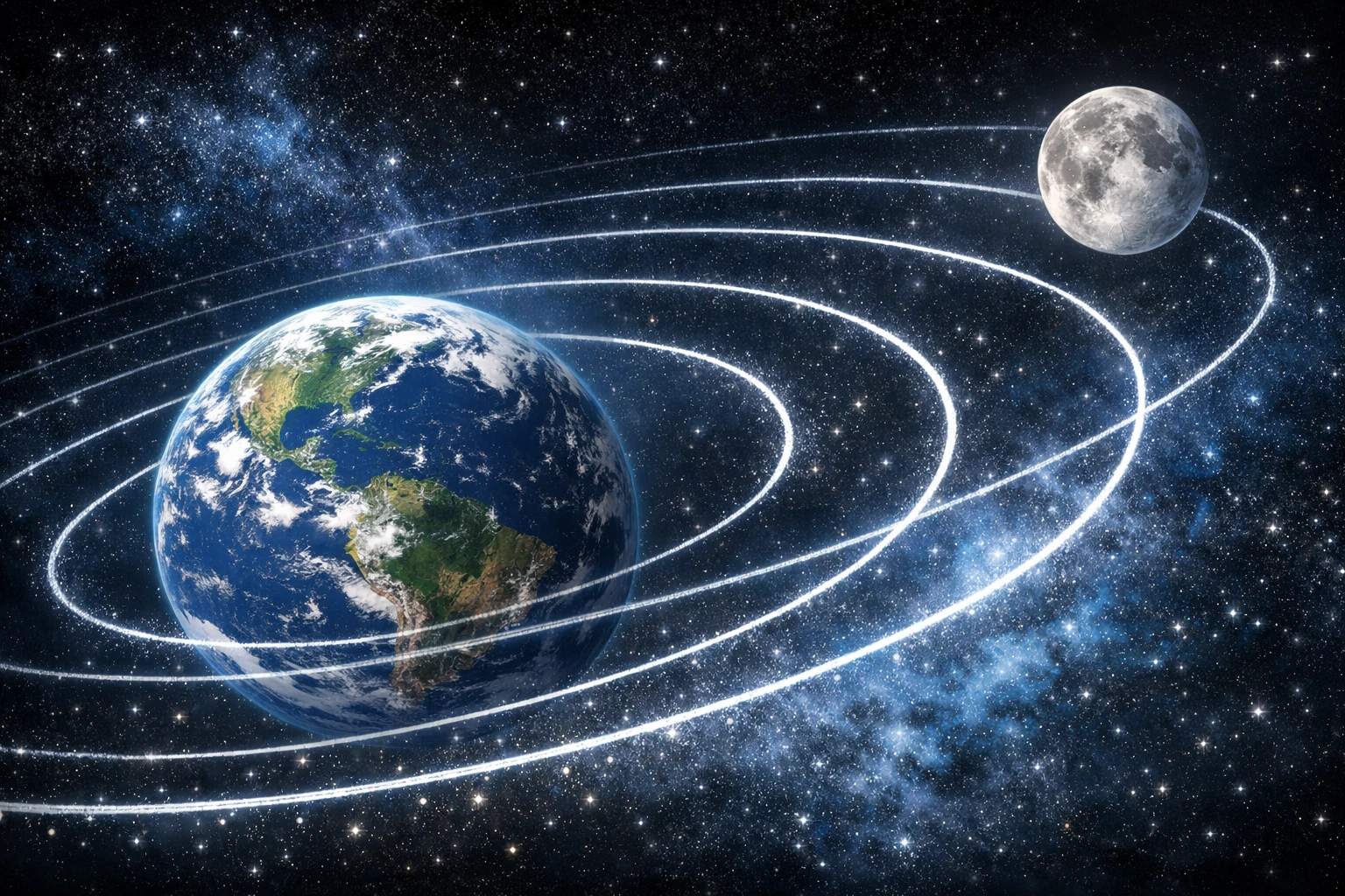 Ilustrasi pergeseran orbit Bulan yang menjauhi Bumi sejauh 3,8 cm setiap tahunnya. (Sumber: NASA/JPL-Caltech)