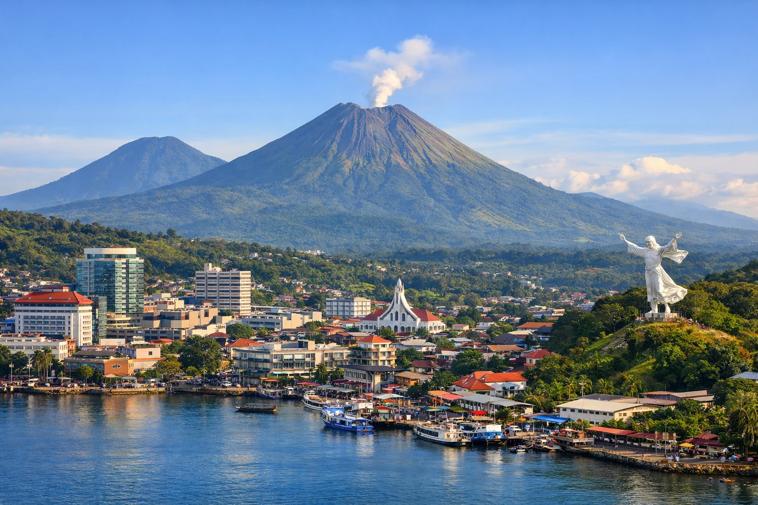 Harmoni di Nyiur Melambai: Pemandangan Kota Manado dengan latar Gunung Lokon yang ikonik. Keberhasilan Sulawesi Utara menembus 5 besar Indeks Kebahagiaan Nasional 2026 membuktikan bahwa keseimbangan antara pembangunan infrastruktur dan kualitas hidup masyarakat menjadi kunci kesuksesan di bawah kepemimpinan Gubernur Yulius Selvanus. (Foto: Dok. Istimewa)