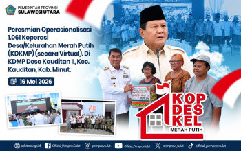 mengikuti peresmian virtual KDKMP - Caption: Gubernur Sulut Yulius Selvanus saat mengikuti peresmian 1.061 KDKMP secara virtual di Desa Kauditan II, Minahasa Utara, Sabtu (16/5/2026). Foto: Humas Pemprov Sulut