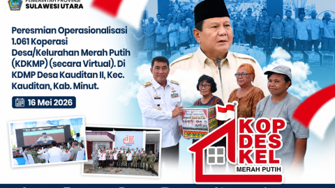 mengikuti peresmian virtual KDKMP - Caption: Gubernur Sulut Yulius Selvanus saat mengikuti peresmian 1.061 KDKMP secara virtual di Desa Kauditan II, Minahasa Utara, Sabtu (16/5/2026). Foto: Humas Pemprov Sulut