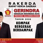 Ketua Umum Partai Gerindra Prabowo Subianto dan Ketua DPD Gerindra Sulawesi Utara Yulius Selvanus dalam banner resmi Rakerda 2026 bertema “Kompak, Bergerak, Berdampak”, yang akan digelar di Hotel Four Points Manado, Sabtu (23/5/2026).