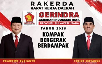 Ketua Umum Partai Gerindra Prabowo Subianto dan Ketua DPD Gerindra Sulawesi Utara Yulius Selvanus dalam banner resmi Rakerda 2026 bertema “Kompak, Bergerak, Berdampak”, yang akan digelar di Hotel Four Points Manado, Sabtu (23/5/2026).