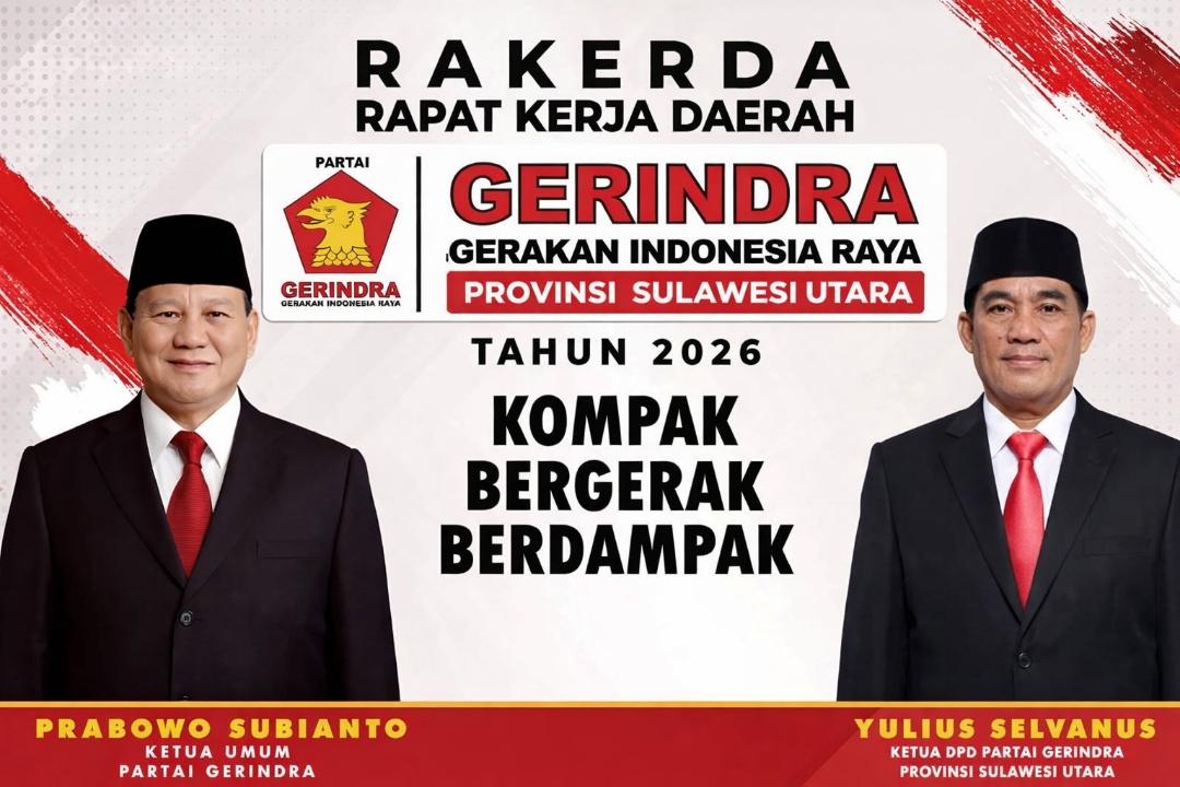 Ketua Umum Partai Gerindra Prabowo Subianto dan Ketua DPD Gerindra Sulawesi Utara Yulius Selvanus dalam banner resmi Rakerda 2026 bertema “Kompak, Bergerak, Berdampak”, yang akan digelar di Hotel Four Points Manado, Sabtu (23/5/2026).