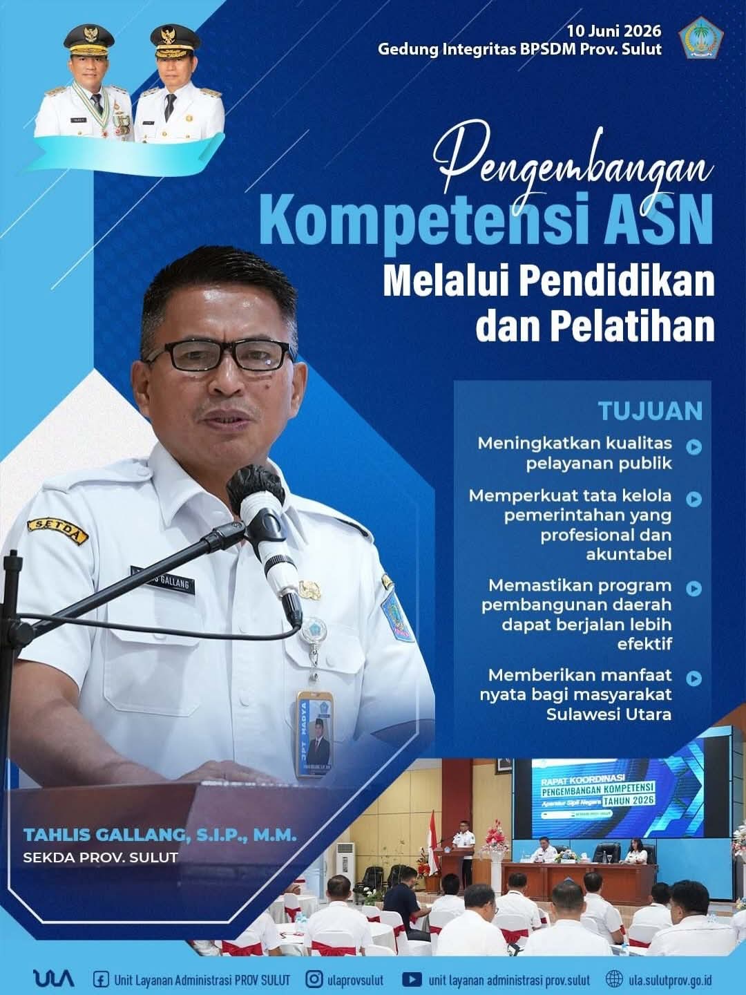 Sekprov Sulut Tahlis Gallang membuka Rakor Pengembangan Kompetensi ASN 2026 di Gedung Integritas BPSDM Sulut, menegaskan setiap diklat wajib berdampak nyata bagi pelayanan publik dan pembangunan daerah.