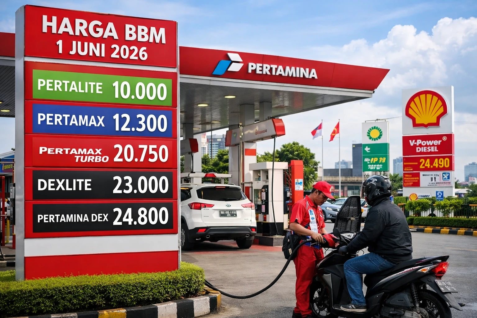 Petugas SPBU Pertamina melayani pengendara motor saat penyesuaian harga BBM mulai berlaku 1 Juni 2026. Penurunan terjadi pada produk diesel seperti Dexlite dan Pertamina Dex, sementara Pertamax Turbo mengalami kenaikan harga.