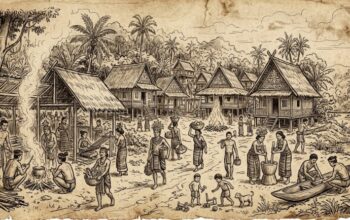 Aktivitas masyarakat tradisional di Sulawesi Utara, menggambarkan jejak kehidupan dan budaya lokal yang menjadi bagian dari pertanyaan tentang asal-usul manusia pertama di utara Celebes. Foto: AI