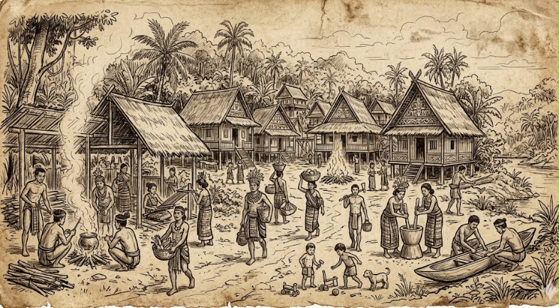 Aktivitas masyarakat tradisional di Sulawesi Utara, menggambarkan jejak kehidupan dan budaya lokal yang menjadi bagian dari pertanyaan tentang asal-usul manusia pertama di utara Celebes. Foto: AI