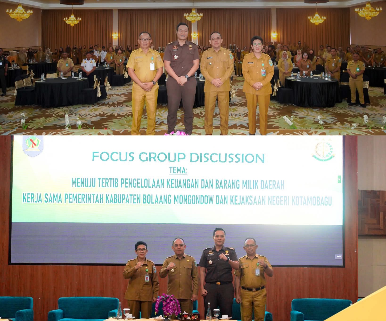 Kepala Seksi Perdata dan TUN Kejari Kotamobagu bersama Bupati Bolaang Mongondow serta jajaran OPD saat mengikuti FGD bertema “Menuju Tertib Pengelolaan Keuangan dan Barang Milik Daerah” di Hotel Sutan Raja Kotamobagu, Selasa (23/6/2026).