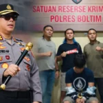 Kapolres Boltim AKBP Golfried Hasiholan Pakpahan bersama Tim Resmob Polres Boltim usai menangkap terduga pelaku penikaman dua warga Molobog Barat, Kecamatan Motongkad.