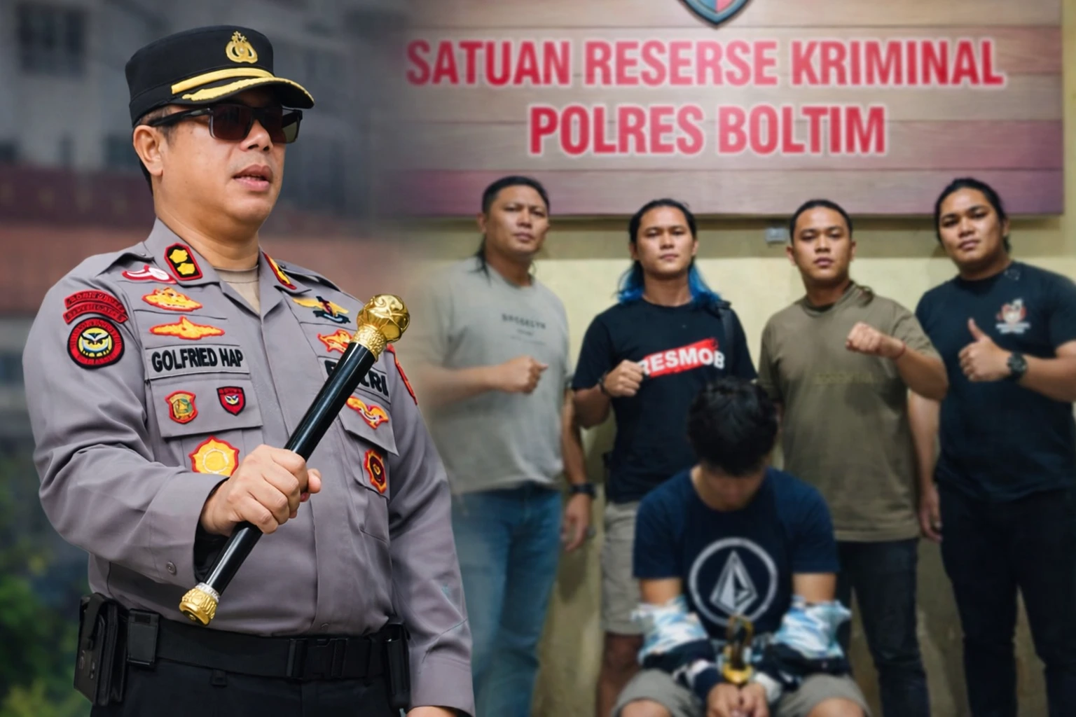 Kapolres Boltim AKBP Golfried Hasiholan Pakpahan bersama Tim Resmob Polres Boltim usai menangkap terduga pelaku penikaman dua warga Molobog Barat, Kecamatan Motongkad.