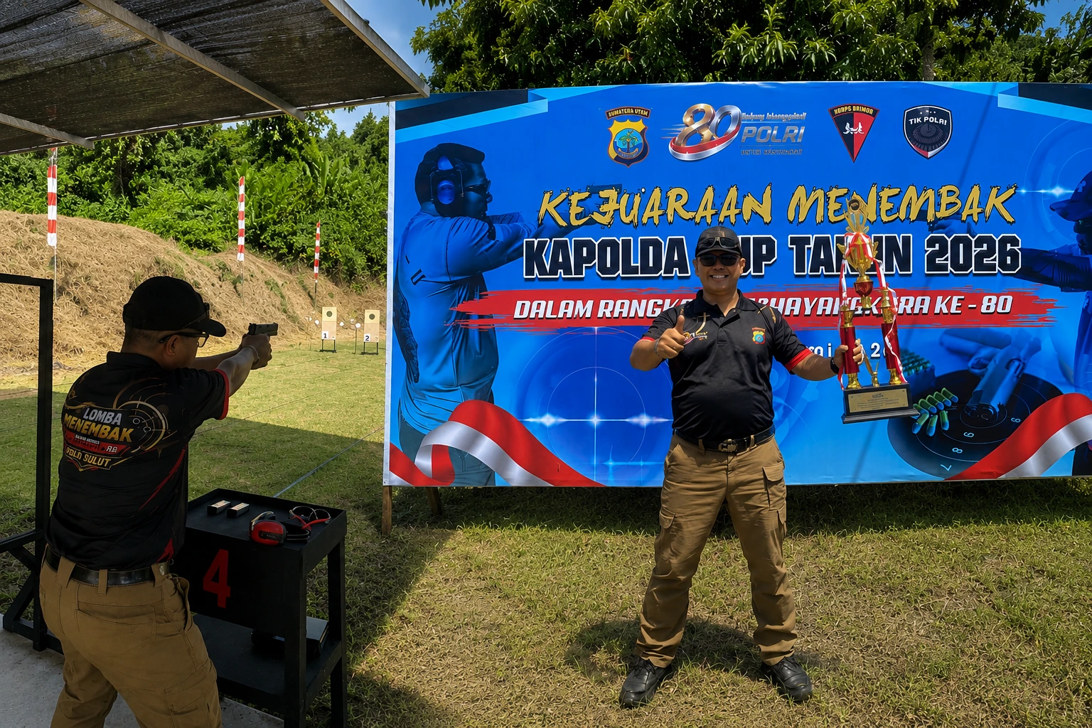 Kapolres Boltim AKBP Golfried Hasiholan Pakpahan, S.H., M.Si., saat menerima penghargaan Juara II Kejuaraan Menembak Kapolda Cup 2026 di Lapangan Tembak Jems Timpolas, Manado, Sabtu (27/6/2026).