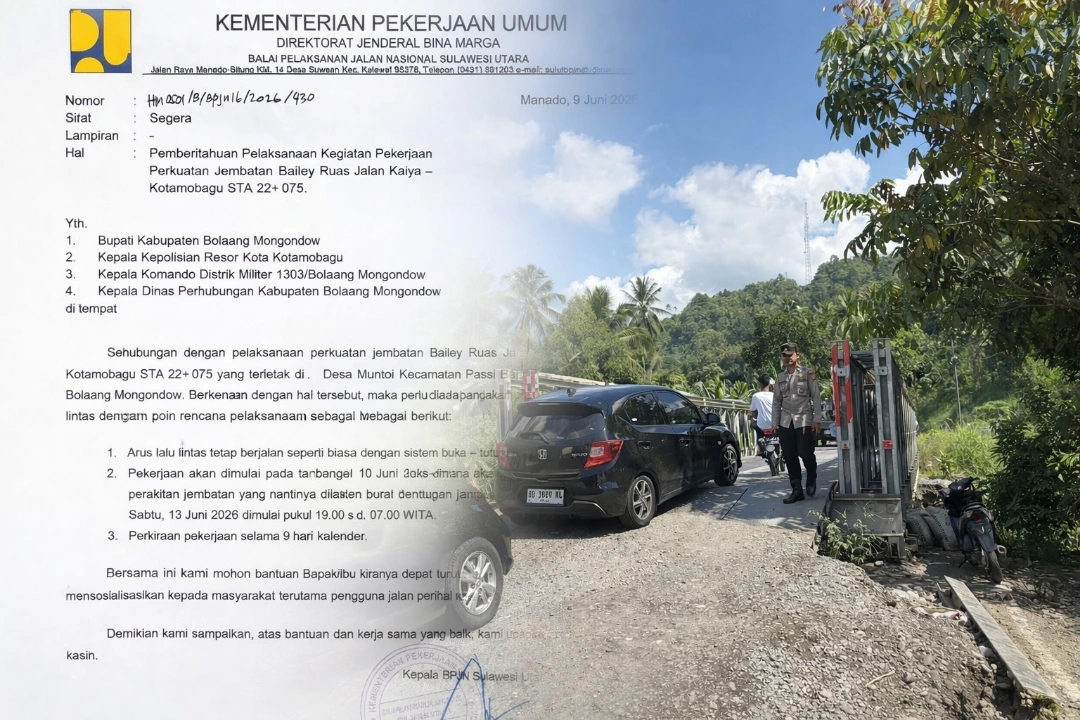 SISTEM BUKA-TUTUP: Jembatan Bailey ruas jalan Kaiya – Kotamobagu, Desa Muntoi, Kabupaten Bolaang Mongondow. Jalur ini dijadwalkan akan ditutup total secara penuh pada Sabtu (13/6/2026) mulai pukul 19.00 WITA. (Foto: Dok. Kolase Istimewa/Surat Resmi BPJN Sulut)