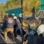 Wakapolda Sulut Brigjen Pol. Awi Setiyono bersama Kapolres Boltim Golfried Hasiholan Pakpahan memberikan pertolongan pertama kepada warga yang mengalami kecelakaan lalu lintas saat perjalanan menuju Minahasa Utara, Sabtu, 18 Juli 2026. Foto: Ist