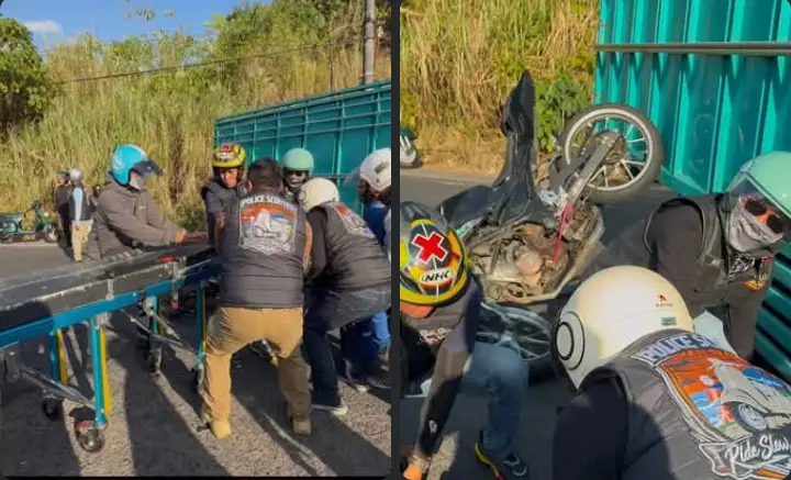 Wakapolda Sulut Brigjen Pol. Awi Setiyono bersama Kapolres Boltim Golfried Hasiholan Pakpahan memberikan pertolongan pertama kepada warga yang mengalami kecelakaan lalu lintas saat perjalanan menuju Minahasa Utara, Sabtu, 18 Juli 2026. Foto: Ist