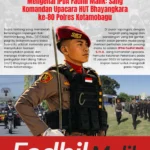 SANG KOMANDAN UPACARA: IPDA Fadhil Malik, S.Tr.K., saat memimpin jalannya upacara peringatan Hari Ulang Tahun (HUT) Bhayangkara ke-80 di Lapangan Boki Hontinimbang, Kotamobagu, Rabu (1/7/2026). Selain sukses mengemban tugas sebagai Komandan Upacara, perwira muda lulusan Akpol 2025 ini sehari-hari mengabdi sebagai Kanit Pidum Satreskrim Polres Kotamobagu. (Foto/Ilustrasi: SulutPlus.news)