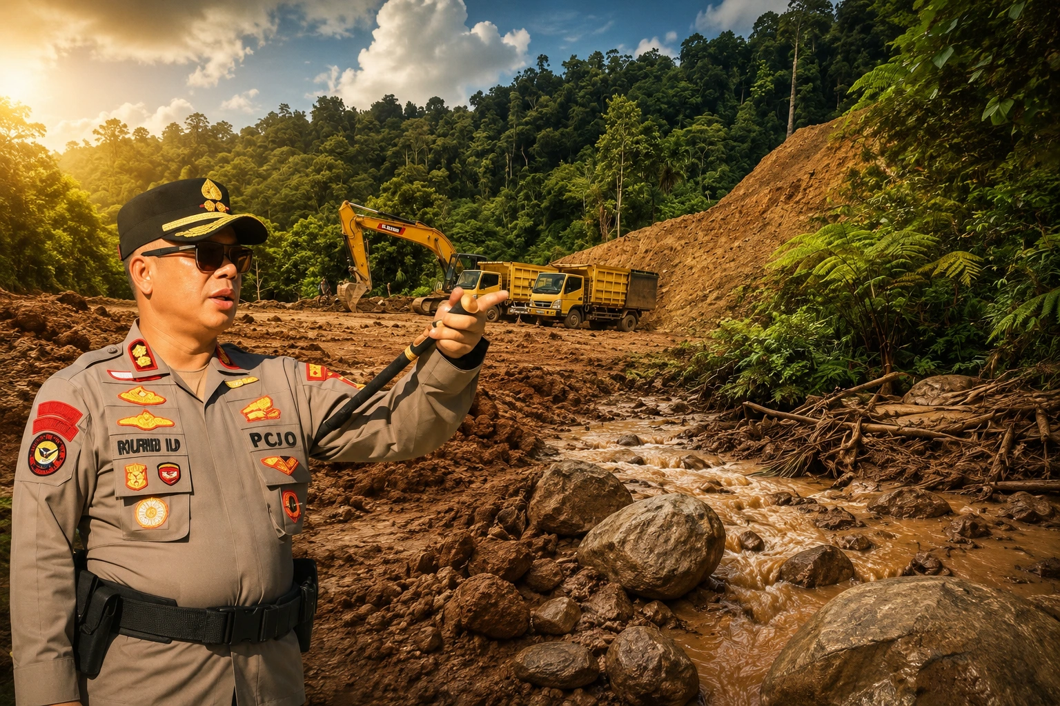 Kolase foto aktivitas PETI di hutan lindung Mintu, Atoga, Boltim. Kapolres Boltim AKBP Golfried Hasiholan Pakpahan menegaskan akan menutup operasi tambang ilegal yang merusak sungai dan mengancam banjir bandang tersebut