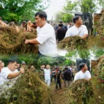Gubernur Yulius Selvanus turun langsung mengangkut sampah saat kerja bakti di kawasan Fesbudaton, Minahasa, Jumat, 24 Juli 2026. Foto Diskominfo Sulut