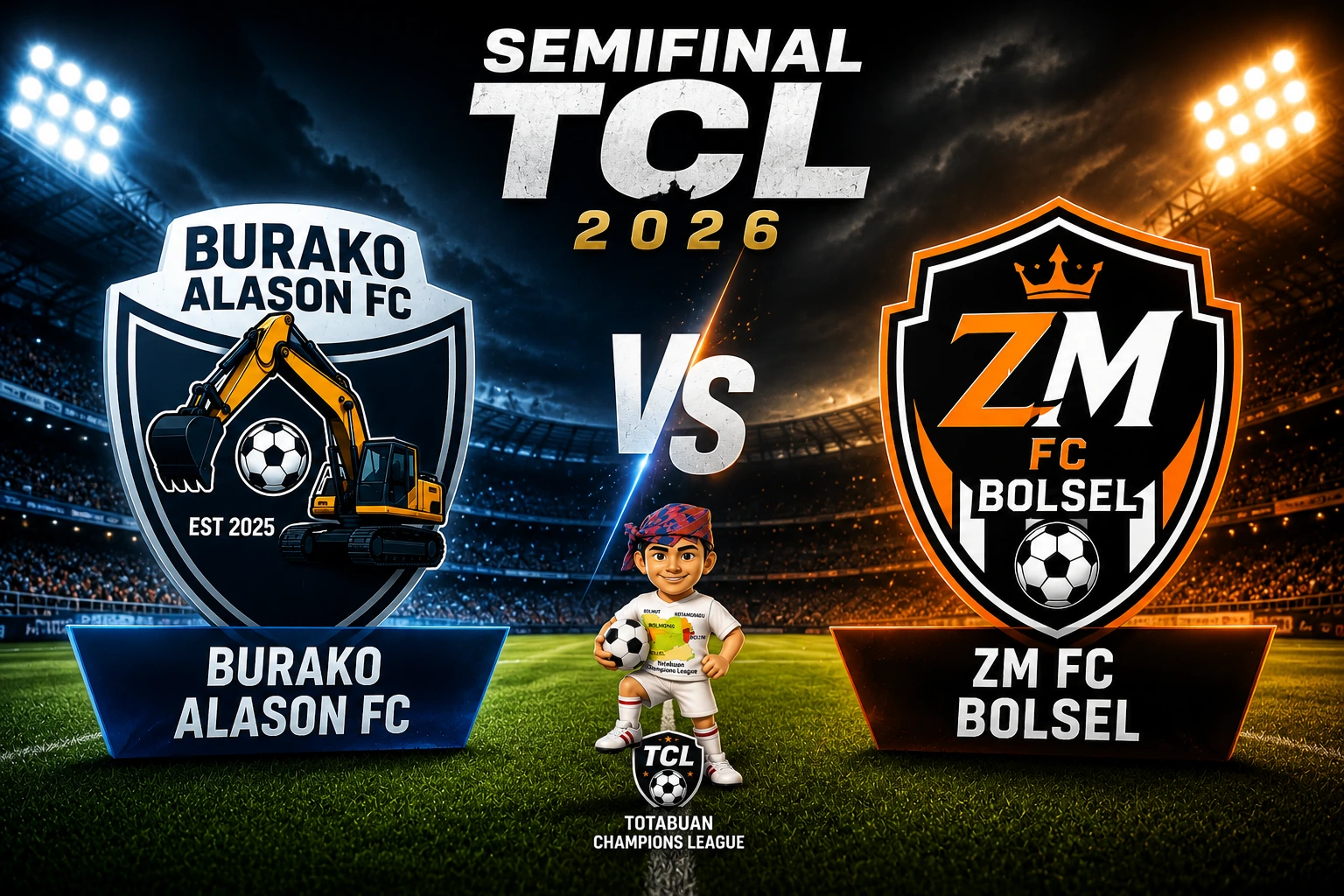 Burako Alason FC dan ZM FC Bolsel akan saling berhadapan pada leg pertama semifinal Totabuan Champions League (TCL) 2026 di Stadion Nunuk Matali, Kotamobagu, Sabtu, 1 Agustus 2026. Berdasarkan statistik babak enam besar, Burako Alason FC unggul dalam pertahanan, sementara ZM FC Bolsel lebih produktif di lini serang. Ilustrasi: SulutPlus.news