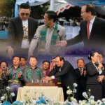 Prosesi pemotongan kue ulang tahun pada puncak perayaan HUT ke-76 GMIBM dan Hari Pekabaran Injil (HPI) ke-122 di Kotamobagu yang dihadiri oleh pimpinan sinode, panitia, serta jajaran perwakilan pemerintah daerah.