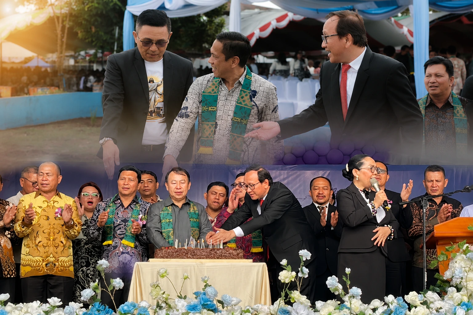 Prosesi pemotongan kue ulang tahun pada puncak perayaan HUT ke-76 GMIBM dan Hari Pekabaran Injil (HPI) ke-122 di Kotamobagu yang dihadiri oleh pimpinan sinode, panitia, serta jajaran perwakilan pemerintah daerah.