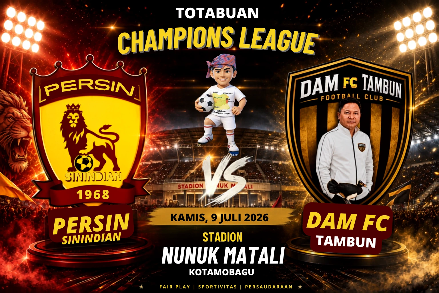 Totabuan Champions League (TCL) 2026, Kamis, 9 Juli 2026 Grup B antara Persin Sinindian melawan Dam FC Tambun di Stadion Nunuk Matali.