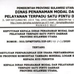 Dokumen Keputusan Kepala DPMPTSP Provinsi Sulawesi Utara tentang Persetujuan Perpanjangan Izin Usaha Pertambangan (IUP) Operasi Produksi KUD Perintis. Dokumen ini menjadi dasar yang dikemukakan dalam hak jawab Humas AM untuk menegaskan bahwa aktivitas pertambangan di Desa Tanoyan, Kecamatan Lolayan, Kabupaten Bolaang Mongondow, berada dalam Wilayah Izin Usaha Pertambangan (WIUP) yang memiliki izin resmi.