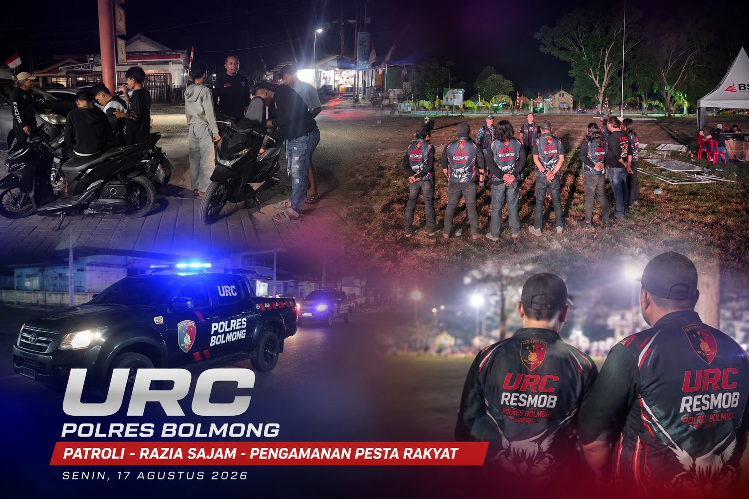 Tim URC Polres Bolmong saat pelaksanaan KRYD dan pengamanan pesta rakyat di Mopuya, Senin, 17 Agustus 2026.
