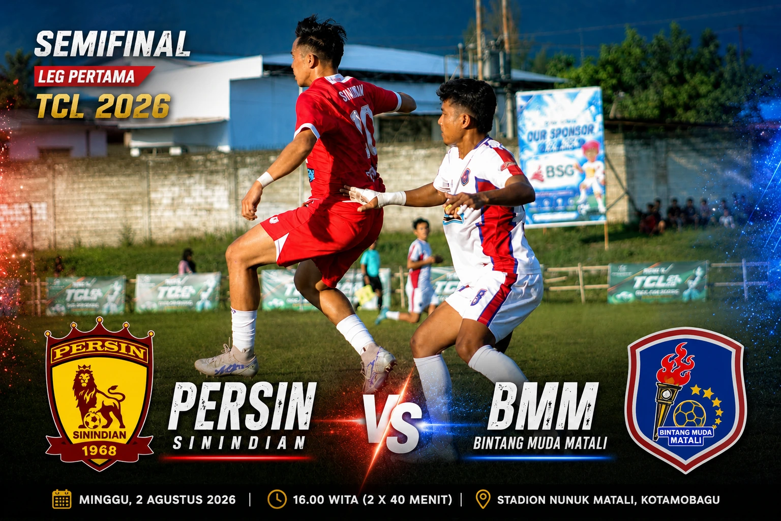 Pemain Persin Sinindian (jersey merah) berduel dengan pemain Bintang Muda Matali (jersey putih) dalam salah satu pertandingan sebelumnya. Kedua tim kembali bentrok pada leg pertama semifinal Totabuan Champions League (TCL) 2026 di Stadion Nunuk Matali, Minggu, 2 Agustus 2026, dalam laga bertajuk El Clasico Kotamobagu yang dipanaskan rivalitas panjang, misi balas dendam Persin, serta perbandingan statistik impresif kedua tim sepanjang babak enam besar.