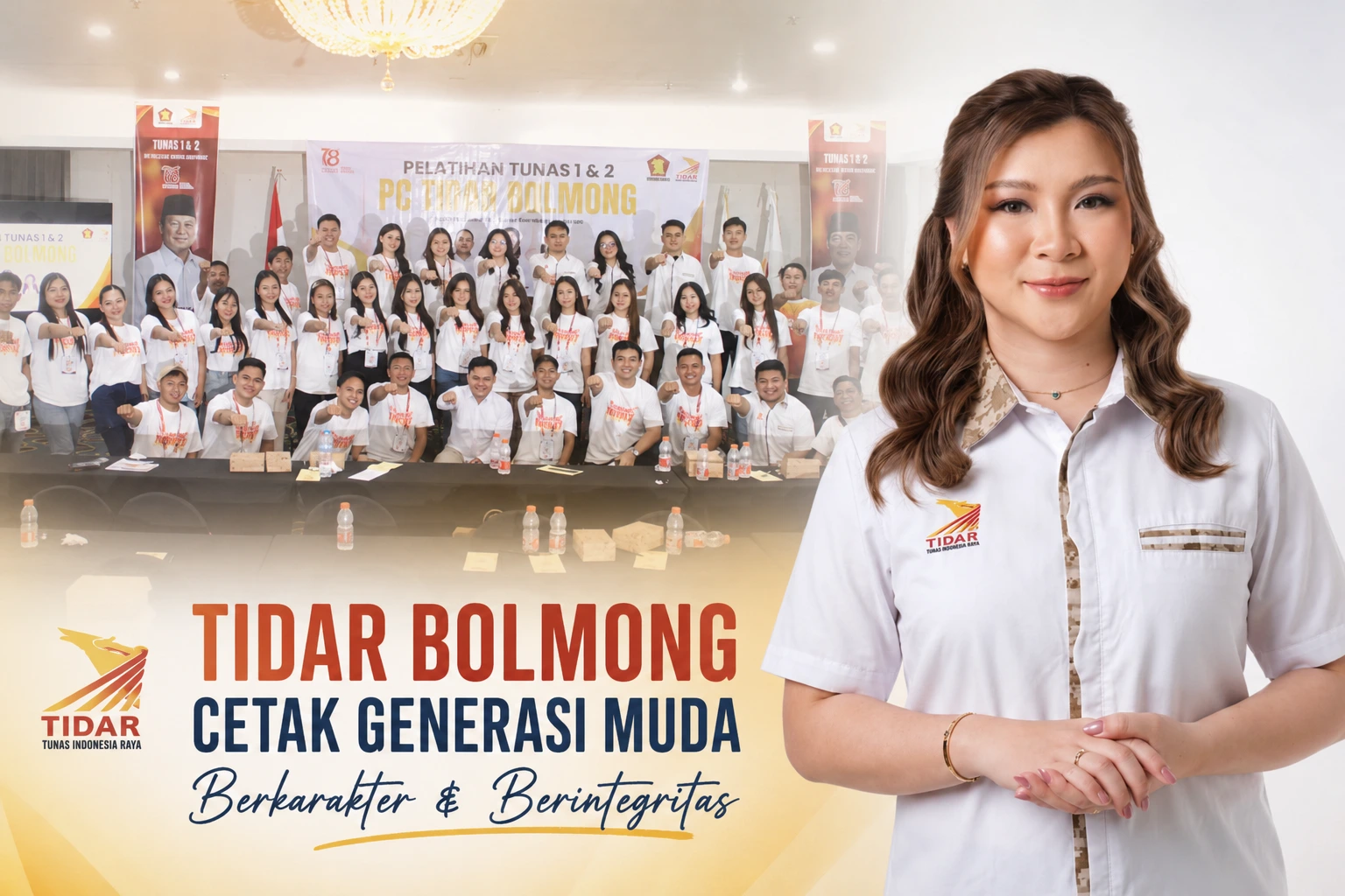Ketua PC TIDAR Kabupaten Bolmong Dhea Eucharisty Lumenta, S.E., bersama peserta Pelatihan Tunas 1 dan 2 TIDAR Bolmong di Hotel Sutan Raja, Sabtu, 8 Agustus 2026. Kegiatan ini menjadi bagian dari penguatan kaderisasi untuk membentuk generasi muda yang berkarakter, berintegritas, dan siap berkontribusi bagi kemajuan Bolaang Mongondow.