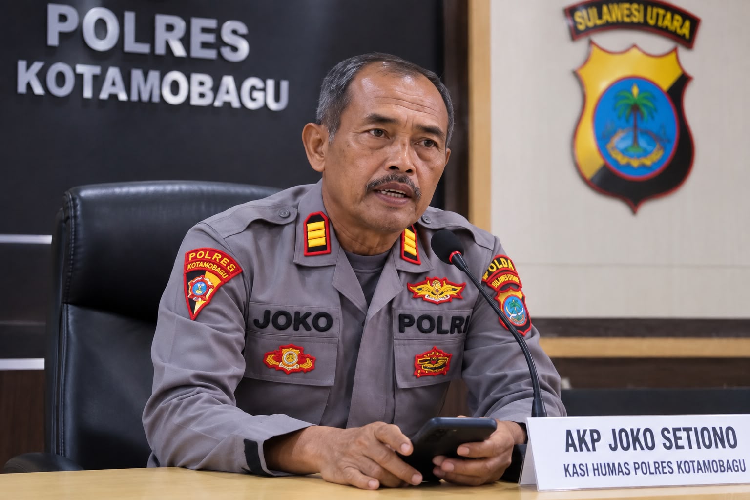 Kasi Humas Polres Kotamobagu AKP Joko Setiono memberikan keterangan resmi untuk meluruskan isu miring terkait penanganan kendaraan di area SPBU Pontodon, Kotamobagu. Foto: Humas Polres Kotamobagu