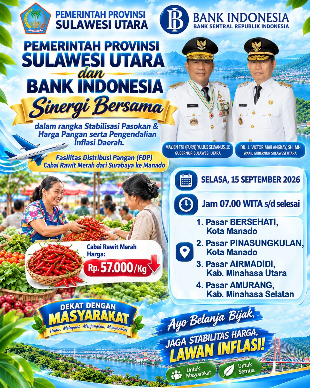 Infografis sosialisasi sinergi Pemprov Sulawesi Utara dan Bank Indonesia dalam program Fasilitas Distribusi Pangan (FDP) cabai rawit merah dari Surabaya ke Manado di empat pasar tradisional.