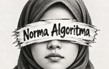 Ilustrasi perempuan berhijab dengan tulisan “Norma Algoritma” menggambarkan bagaimana algoritma media sosial dan jejak interaksi pengguna dapat memengaruhi konten yang berulang kali muncul di beranda Facebook.