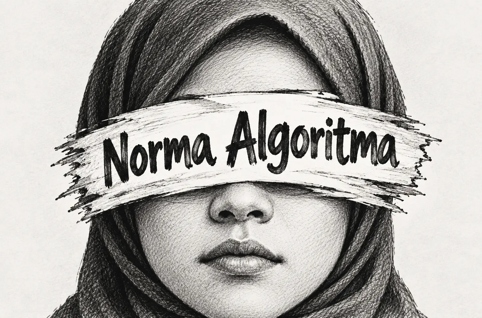 Ilustrasi perempuan berhijab dengan tulisan “Norma Algoritma” menggambarkan bagaimana algoritma media sosial dan jejak interaksi pengguna dapat memengaruhi konten yang berulang kali muncul di beranda Facebook.