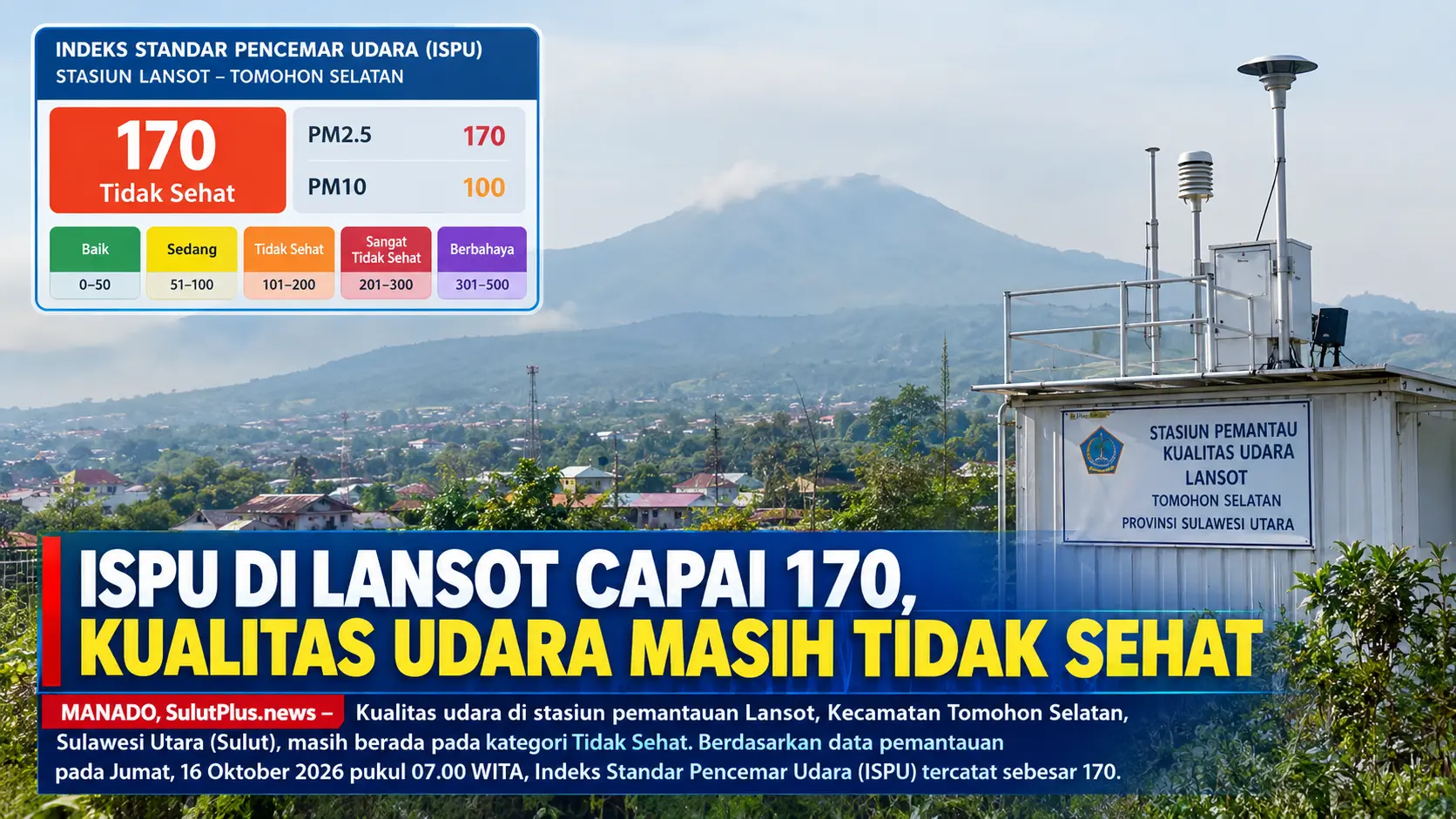 Ilustrasi kualitas udara yang tercemar partikel halus di tengah kewaspadaan terhadap dampak karhutla. Pemantauan DLHD Sulawesi Utara di stasiun Lansot, Tomohon Selatan, mencatat ISPU 170 pada Jumat, 16 Oktober 2026 pukul 07.00 WITA.